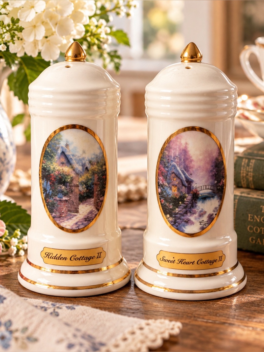 Vintage English Cottage Salt Pepper Shakers Storybook Cottagecore Gold